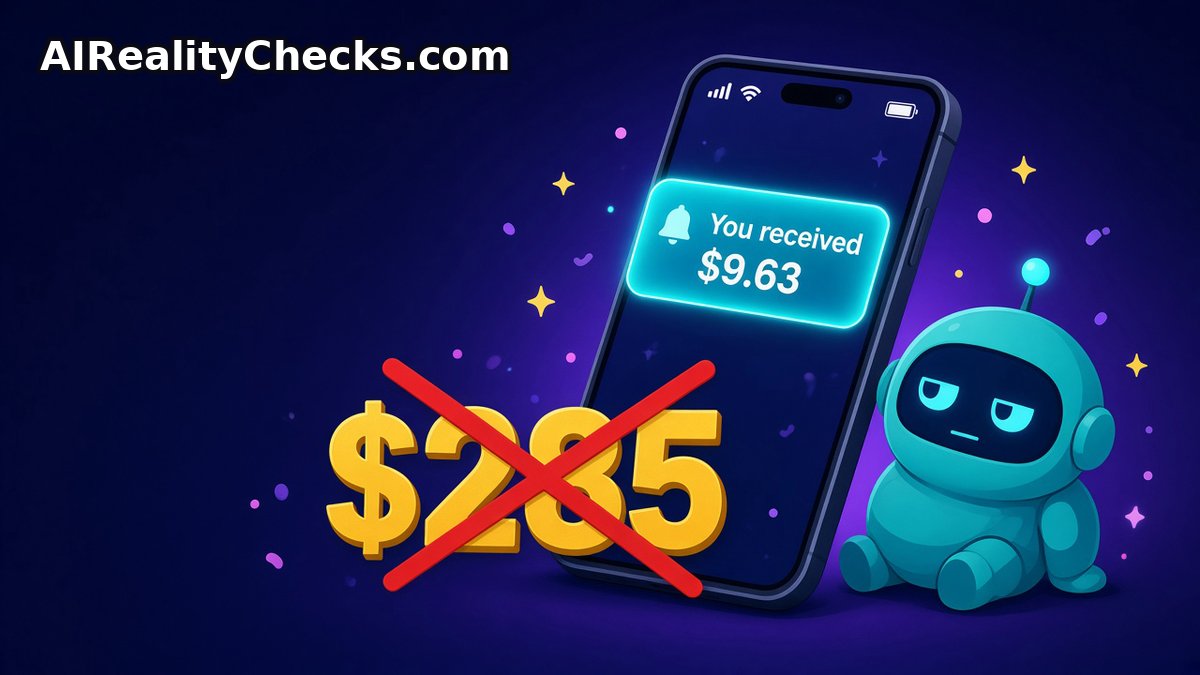 A phone notification reads 'You received $9.63' next to a crossed-out '$285' and an unimpressed cartoon robot.