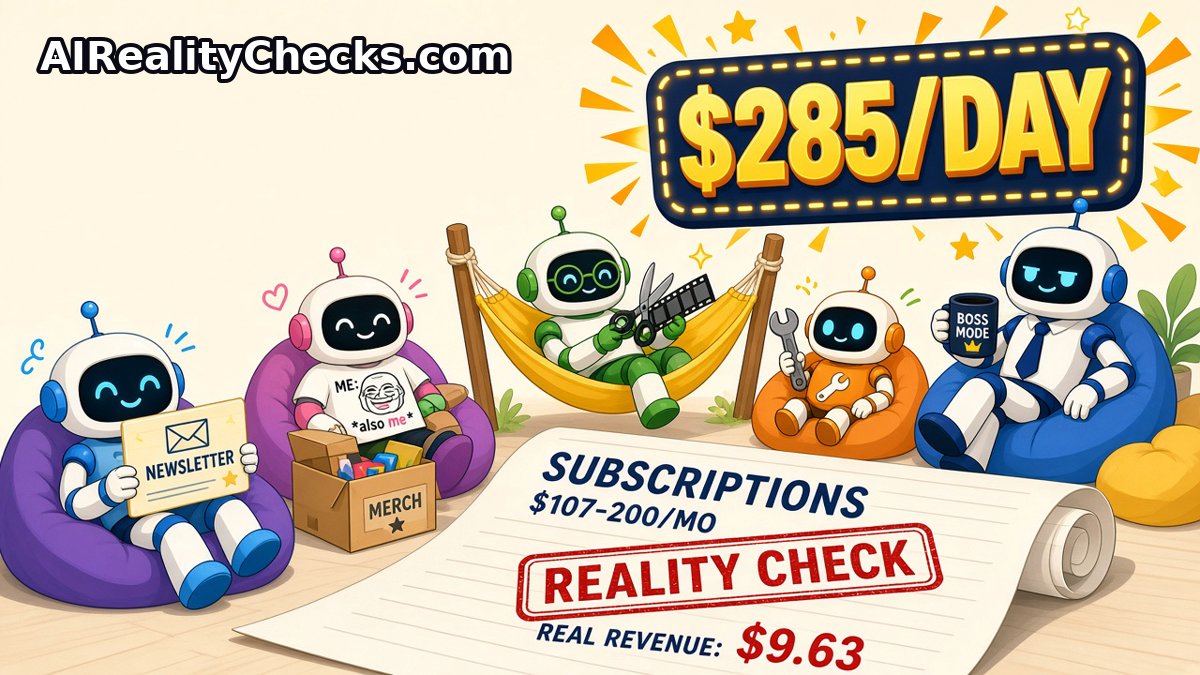 Cartoon robots lounging under a '$285/DAY' banner; a scroll stamped 'Reality Check' shows real revenue of $9.63.