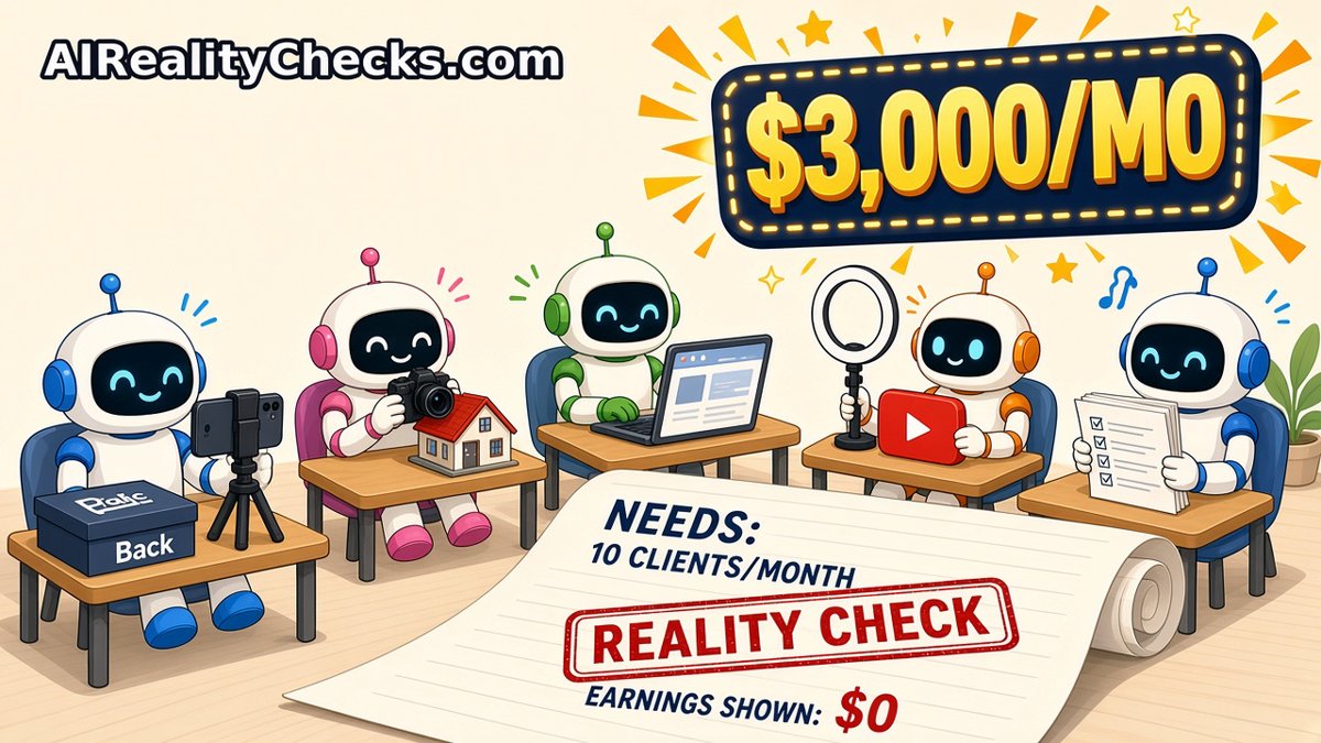 A marquee sign flashes the '$3,000/MO' claim over five cartoon robots doing AI side hustles; a scroll notes 10 clients a month needed and $0 earnings shown.