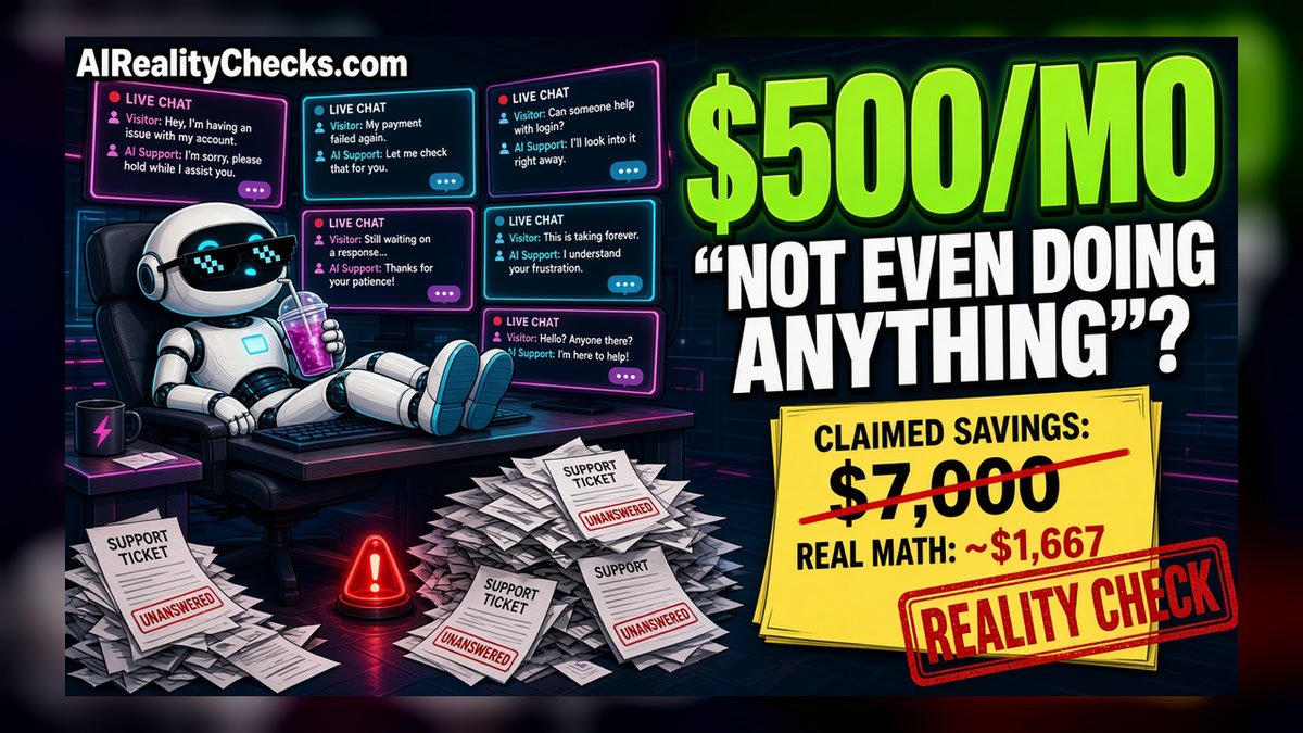 A robot in sunglasses kicks back at its desk while support chats go unanswered. Headline: $500/MO 'NOT EVEN DOING ANYTHING'? Claimed savings of $7,000 struck through, real math about $1,667, REALITY CHECK stamp.